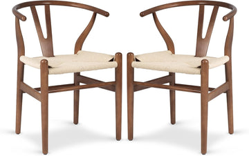 Weave Dining Chairs - Mid-Century Modern Wishbone Dining Chairs with Arms, Solid Wood Frame, Indoor Use - Walnut- Set