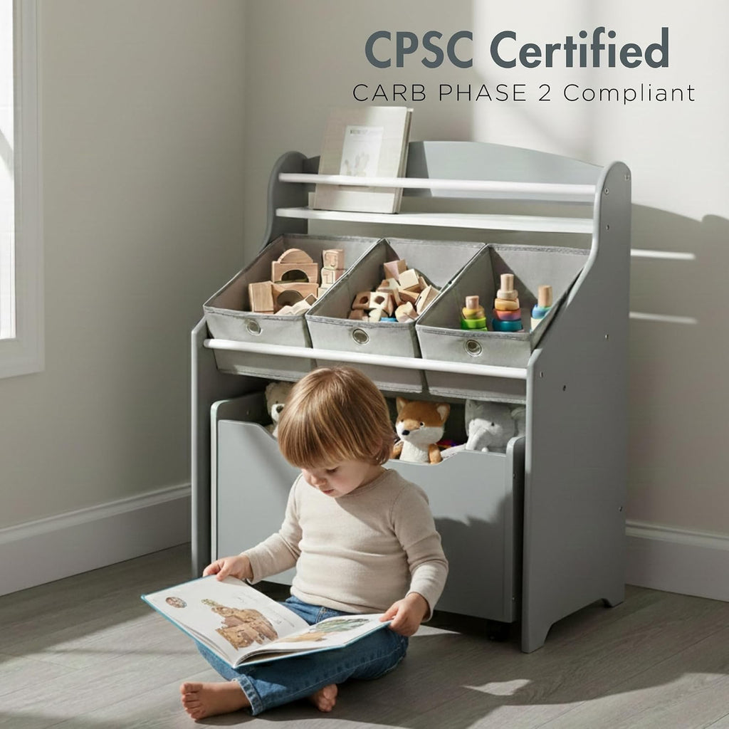 3 in 1 Kids Bookshelf, Toy Organizer and Rolling Toy Box, Wood | Toddler storage with removable fabric bins and pull