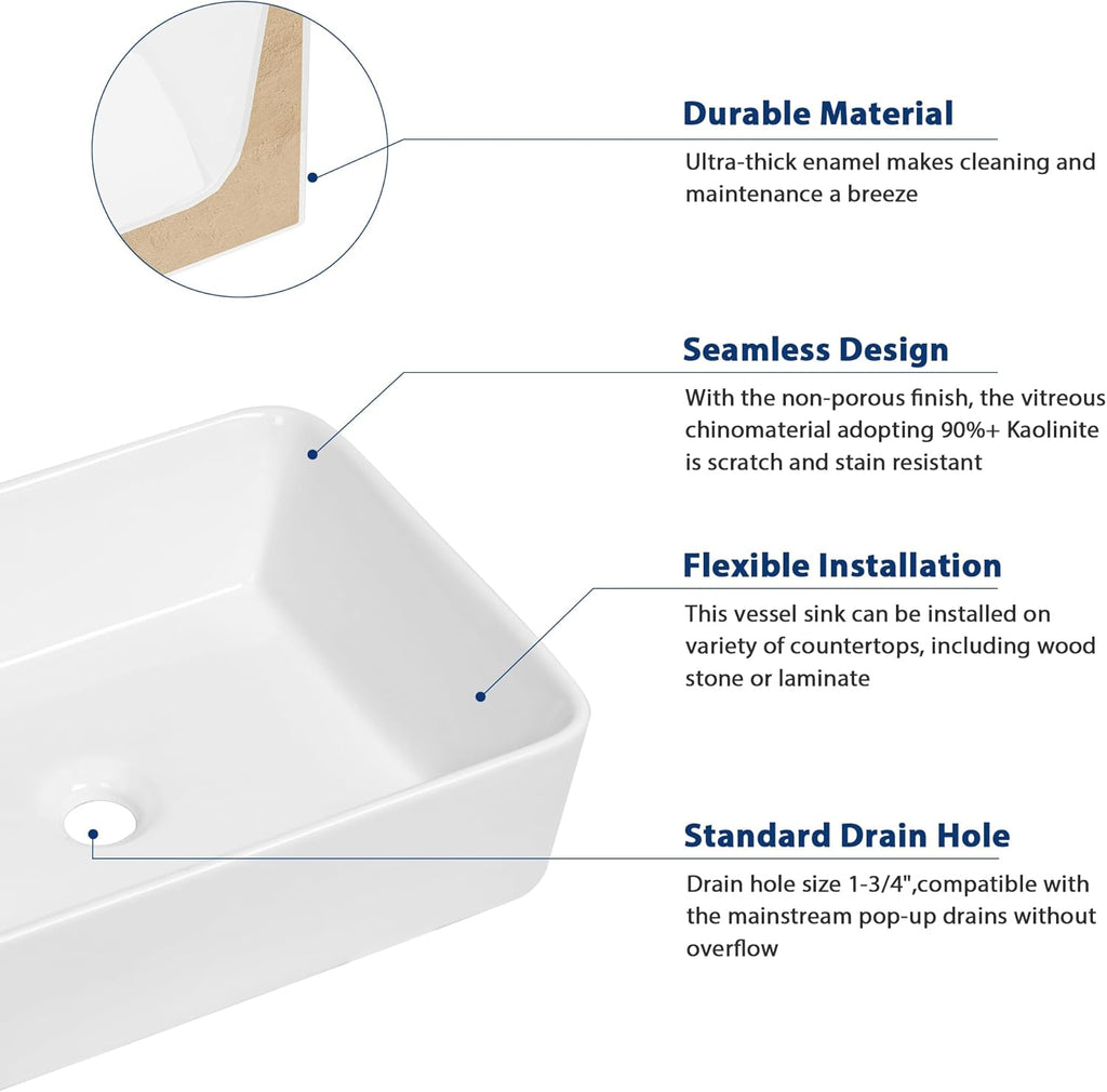 Vessel Sink Rectangular - 19"x15" White Bathroom Sink Rectangle Above Counter Porcelain Ceramic Bathroom Vessel