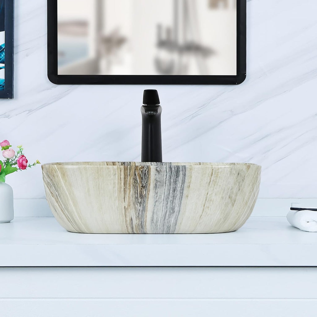 18.3"×13" Marbling Rectangle Bathroom Vessel Sink with Pop Up Drain,Nordic Ceramic Vessel Sinks,Bathroom Sinks