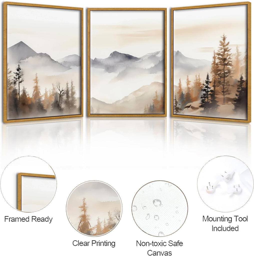 Framed Neutral Mountain Wall Art Forest Landscape Canvas Painting Prints Set of 3 Abstract Nature Watercolor Picture