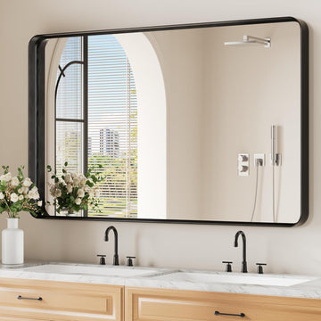 Black Wall Mirror , 30x48 Inch Matte Deep Framed Rounded Rectangle Vanity Mirror for Farmhouse Living Room, Tempered