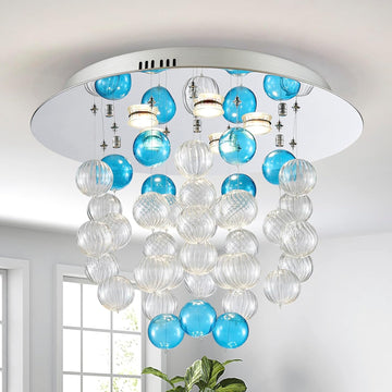 Bubble Chandeliers, Modern Design Lighting Fixture, Perfect for Living Space, D19 x H17, 5 x GU10 Sockets, White & Blue Bubble Lampshade & Chrome Finish Metal Frame