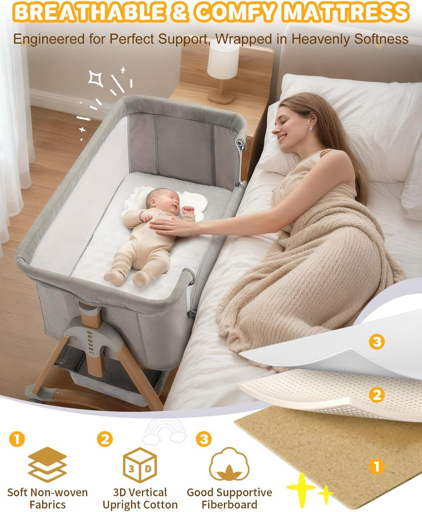 Baby Bassinet Bedside Bassinet, Baby Cradle with Machine-Washable Sheets, Four-Sided Breathable Mesh, 6 Height