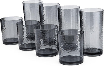 14-ounce and 20-ounce Acrylic Glasses Plastic Tumbler, set of 8 Smoky Grey - Hammered Style, Dishwasher Safe, BPA Free