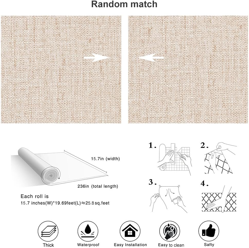 Beige Wallpaper Peel and Stick 472" Textured Beige Grasscloth Contact Paper Faux Linen Stick on Wall Paper Waterproof