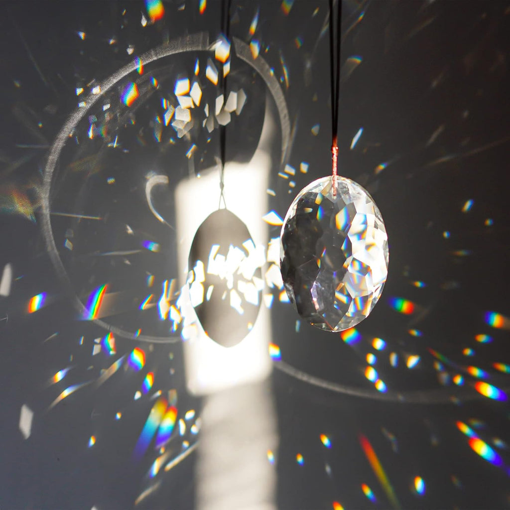 3.5 Inch Oval Crystal Prism Suncatcher, Clear Rainbow Maker - Clear Faceted Crystal Design, Window Hanging Pendant