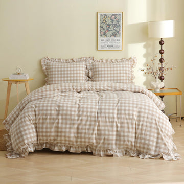 Tan Gingham Plaid Ruffle 3-Piece Duvet Cover Set