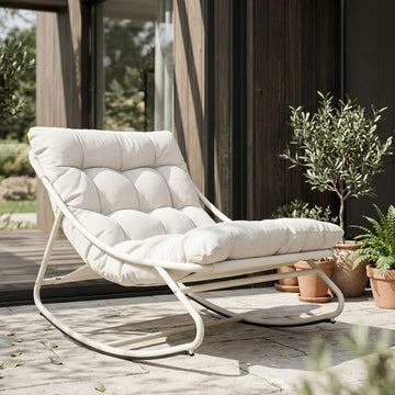 Rocking Chair with Cushion for Indoor and Outdoor, Beige | Metal Lounge Rocking Chair with Thick Cushion, Comfy