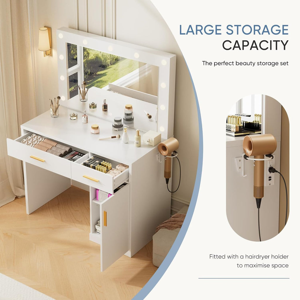 Makeup Vanity Desk with Mirror and Lights, Charging Station | 11 LED Bulbs, Dressing Table, Large Cabinet, 2 Drawers
