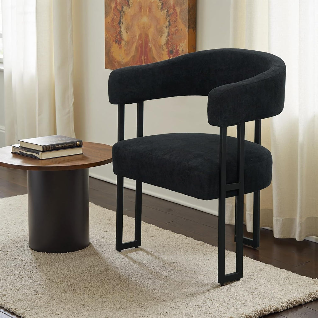 Barrel Chairs Set of 4, Boucle Upholstered Black Dining Chairs with Arm, Kitchen Chair with Metal Leg Elevated