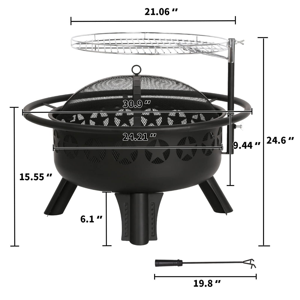 2 in 1 Fire Pit with Grill, Large 31" Wood Burning Fire Pit with Swivel Cooking Grate Outdoor Firepit for Backyard