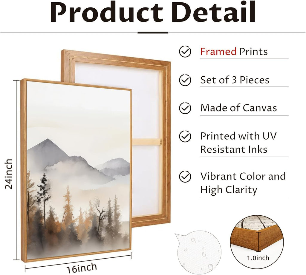 Framed Neutral Mountain Wall Art Forest Landscape Canvas Painting Prints Set of 3 Abstract Nature Watercolor Picture