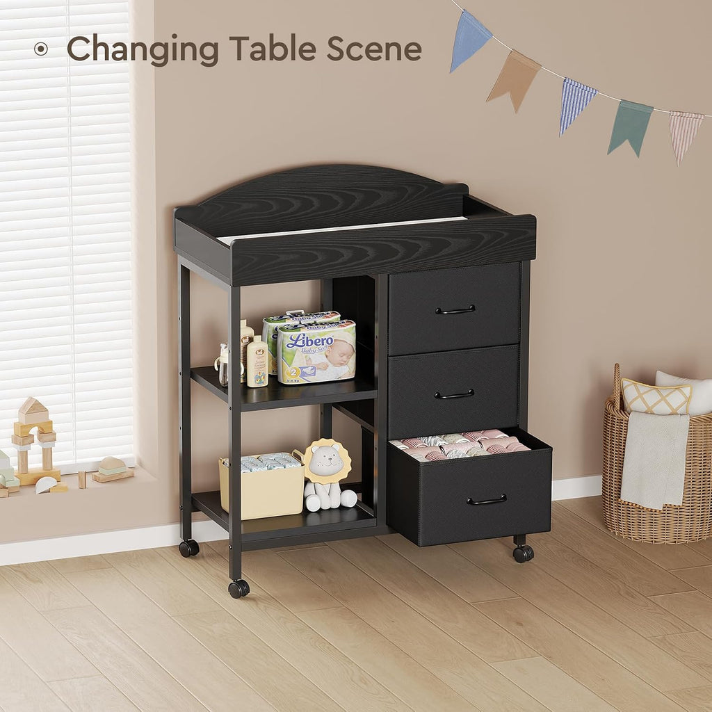Changing Table, 3 Drawers&2 Shelves, Changing Table Dresser, Black | Baby Changing Table,Waterproof Diaper pad &