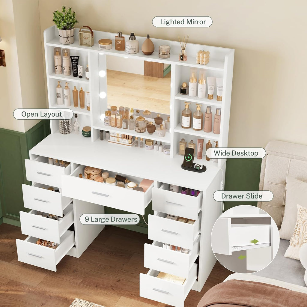 Vanity Desk with Mirror and Lights, Power Outlet, Makeup Vanity with 9 Drawers & 6 Open Storage Shelves, 3 Lighting