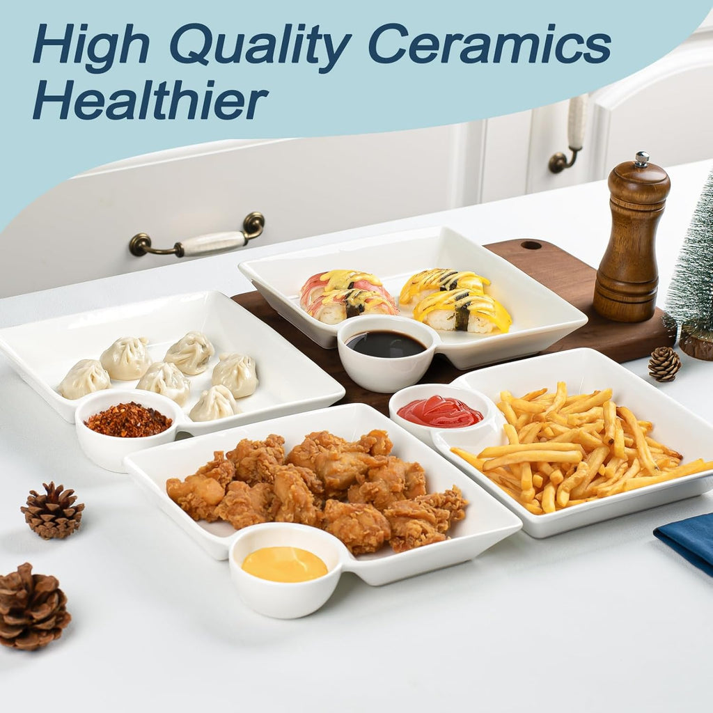 Chip and Dip Serving Platter Set of 4-8 Inch Ceramic Divided Plates with Sauce Compartment, Food-Safe Snack Plate for