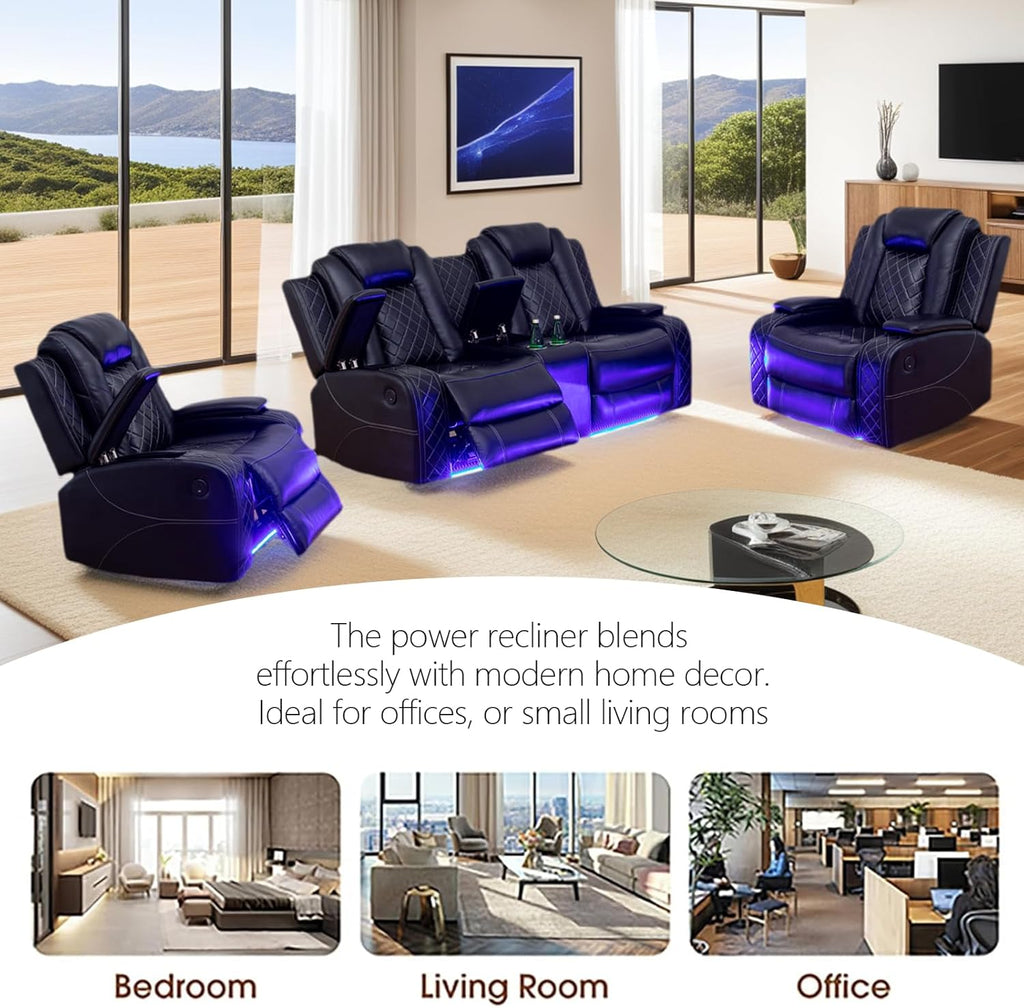 Power Recliner Sofa Set with LED Lights, Black Leather Reclining Loveseat and Chairs with Storage Console, USB Ports
