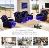 Power Recliner Sofa Set with LED Lights, Black Leather Reclining Loveseat and Chairs with Storage Console, USB Ports