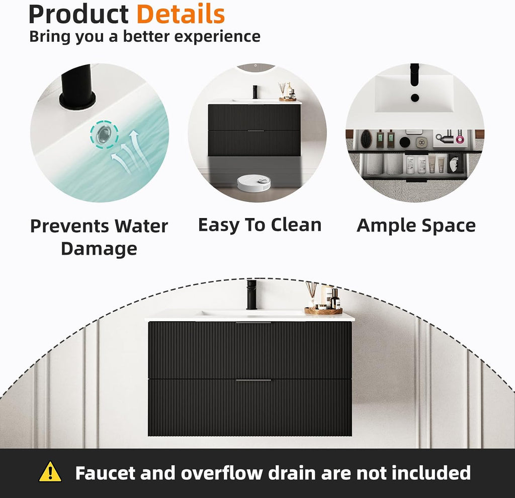 30" Black Wall Mounted Floating Bathroom Vanity with Sink - Modern Vanity Cabinet