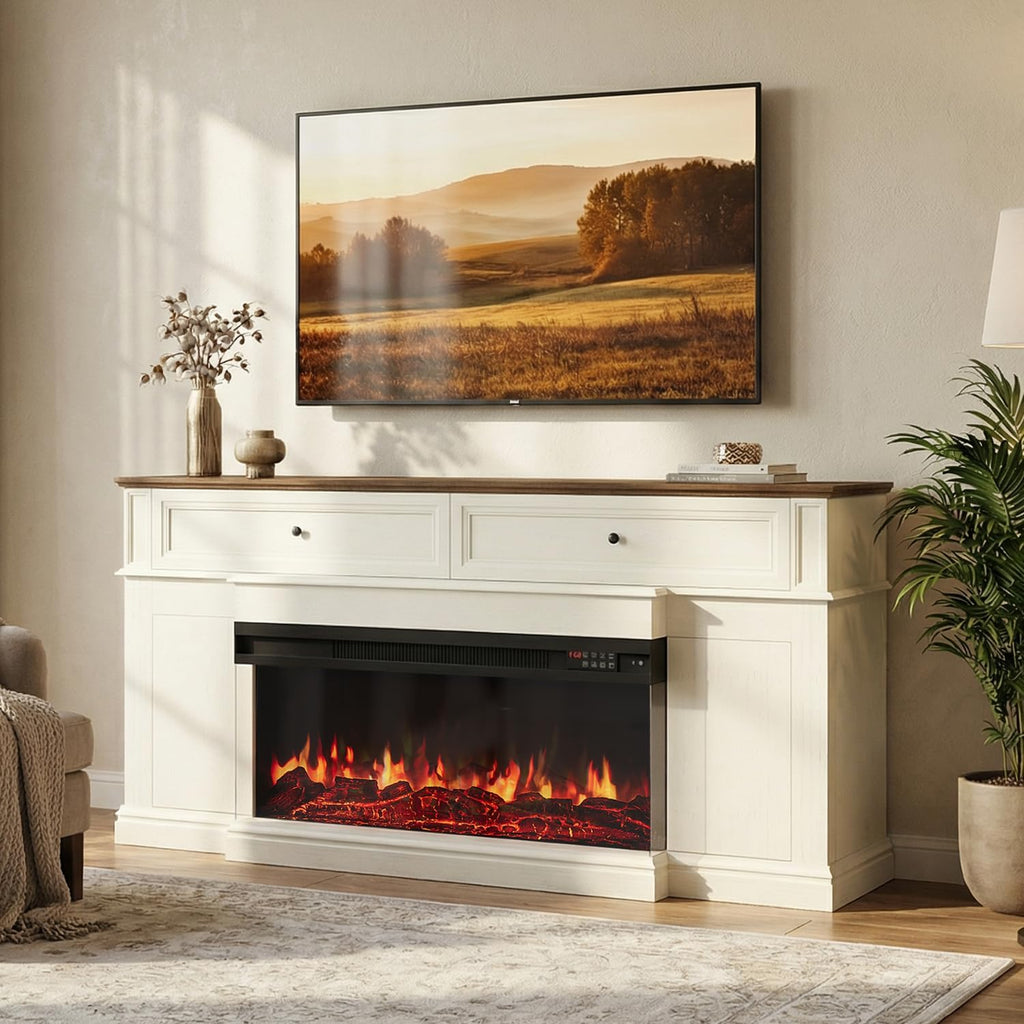 63 inch Fireplace TV Stand for TVs up to 70" with 3-Sided Electric Fireplace with Mantel, Modern Media Entertainment
