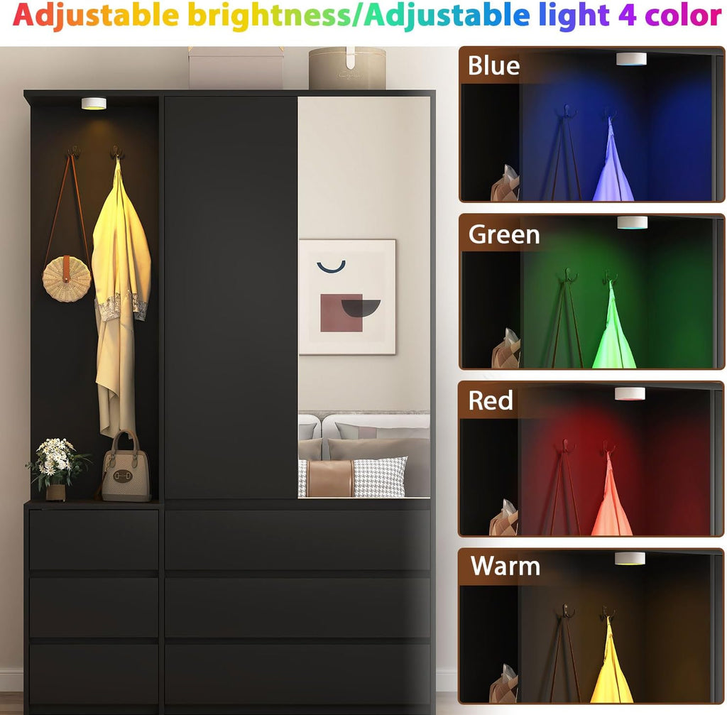 Black Wardrobe Closet with Mirror and LED Light, Armoire Wardrobe with 6 Drawers, Hanging Rod, Open Shelves