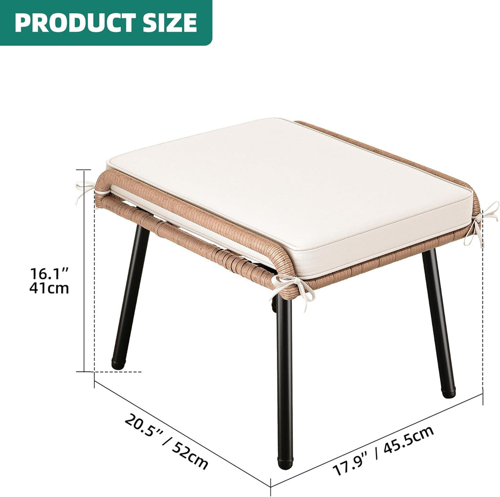 2-Piece Outdoor Wicker Ottoman, All-Weather Patio Rattan Foot Rest with Cushions - Beige