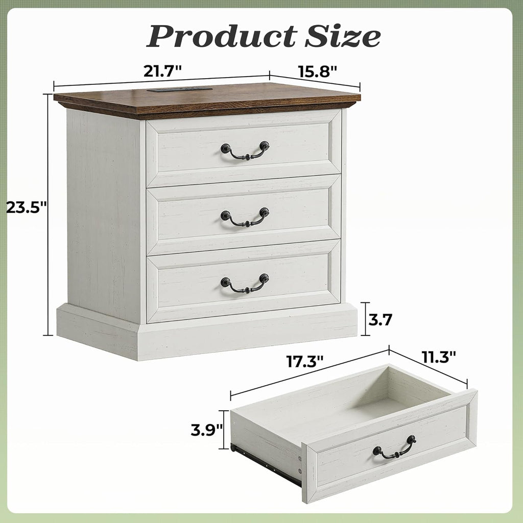 Nightstand with Charging Station, 3 Drawer Night Stand Set of 2, 22 Inch Wider Side Table with Storage, Farmhouse