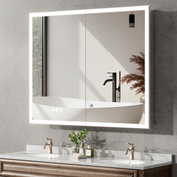 40"x32" Medicine Cabinet Mirror, LED Lighted Medicine Cabinet with Electrical Outlet&USB, Anti-Fog, 3 Colors