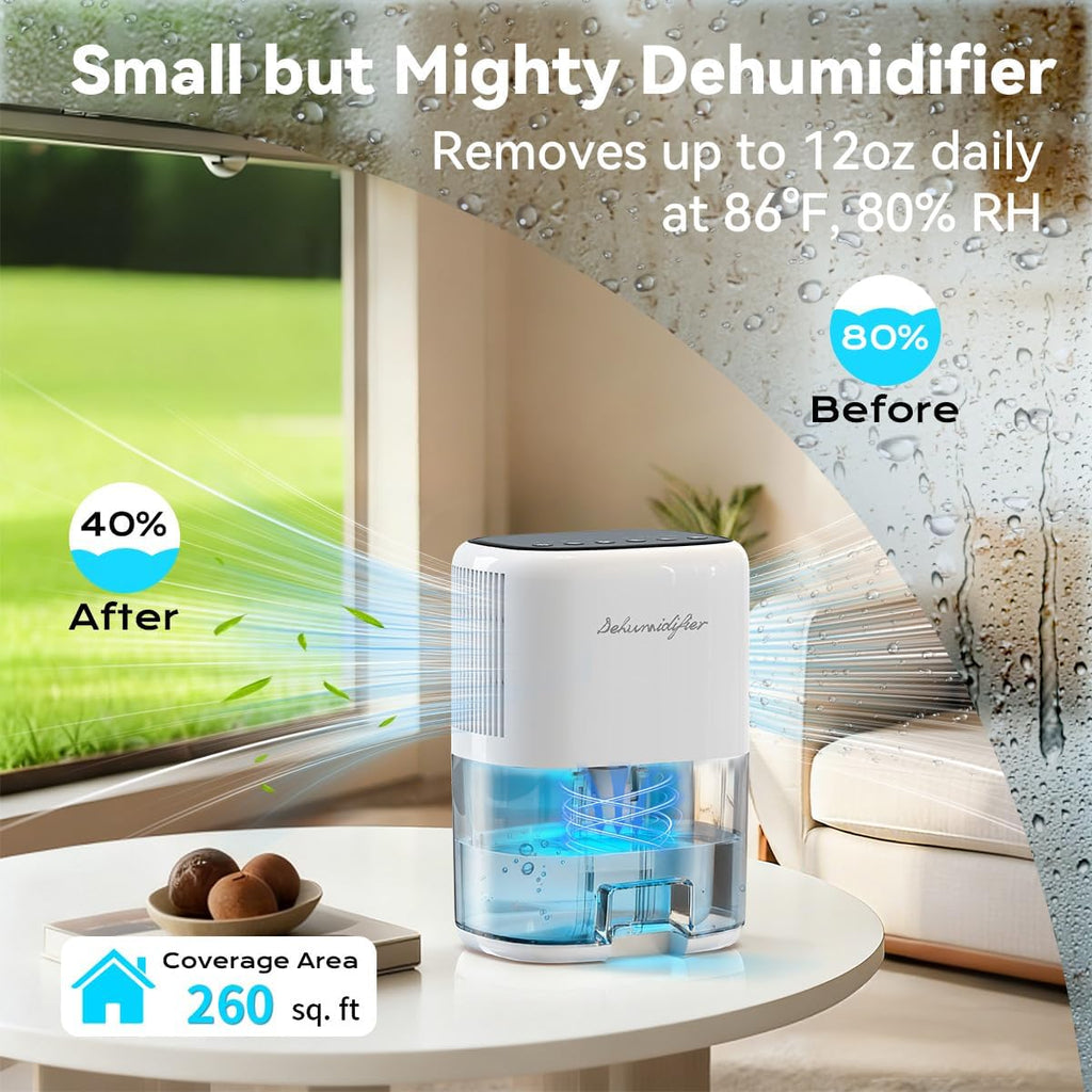 Small Dehumidifier for Home 44OZ Quiet with Auto Off & Defrost 5 Timers 3 modes 10 Color Lights 3 Brightness 260 Sq.ft