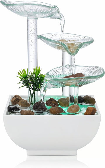 Tabletop Water Fountain,3-Tier Transparent Glass Lotus Leaf Zen Fountain,Indoor Water Feature with LED Bead Bedroom
