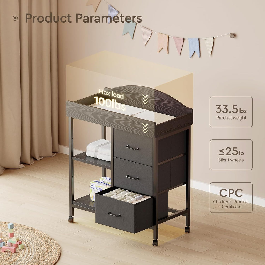 Changing Table, 3 Drawers&2 Shelves, Changing Table Dresser, Black | Baby Changing Table,Waterproof Diaper pad &