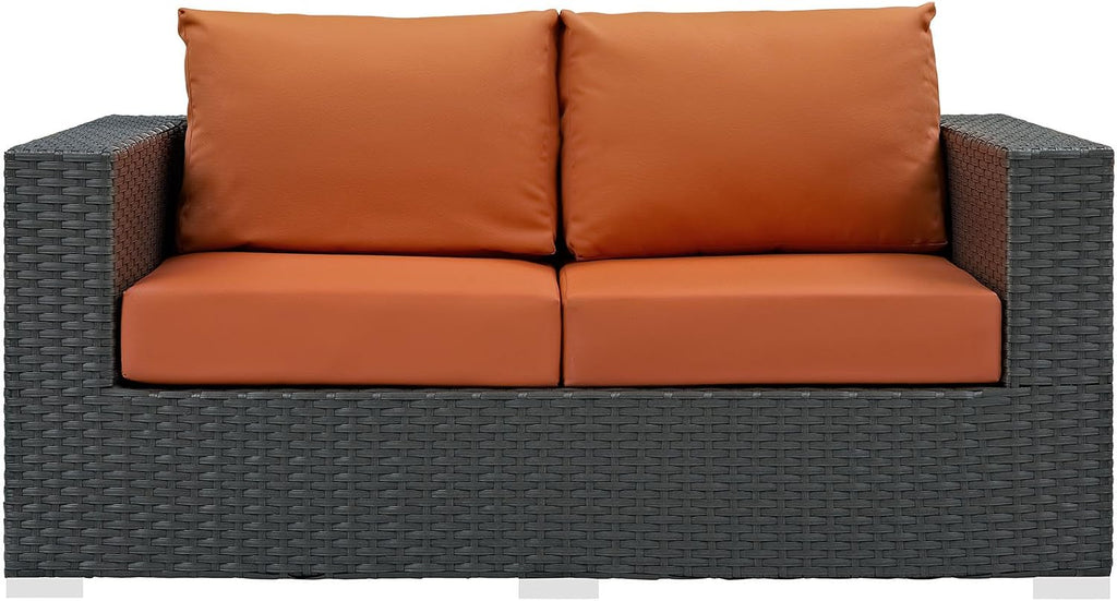 Sojourn Wicker Rattan Outdoor Patio Sunbrella Fabric Loveseat in Canvas Tuscan