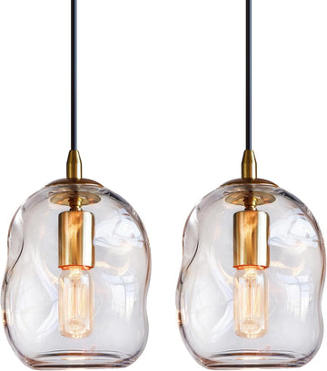 Pendant Lights Kitchen Island 2 Pack Modern Contemporary Clear Glass Organic Globe Brass Gold Hanging Light