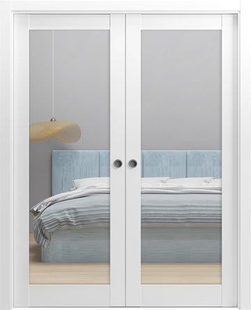Sliding French Double Pocket Doors 64 x 80 inches Clear Glass | Lucia 2166 White Silk | Kit Trims Ra