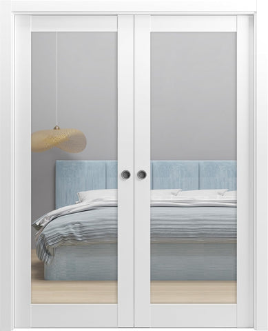 Sliding French Double Pocket Doors 64 x 80 inches Clear Glass | Lucia 2166 White Silk | Kit Trims Ra