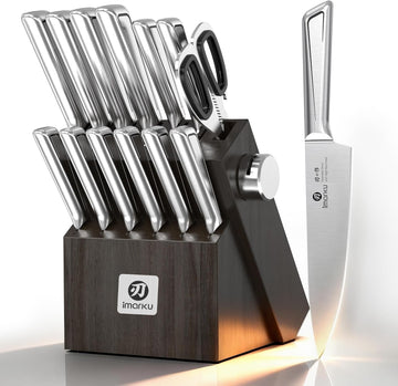 14 PCS Knife Set with Block, High-Carbon Steel, Built-in Sharpener | Japanese Kitchen Knife Set,Stainless