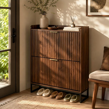 Fluted Shoe Cabinet Storage ,Hidden Shoes Storage Cabinet with 2 Flip Drawers, Mid Century Modern Shoe Rack