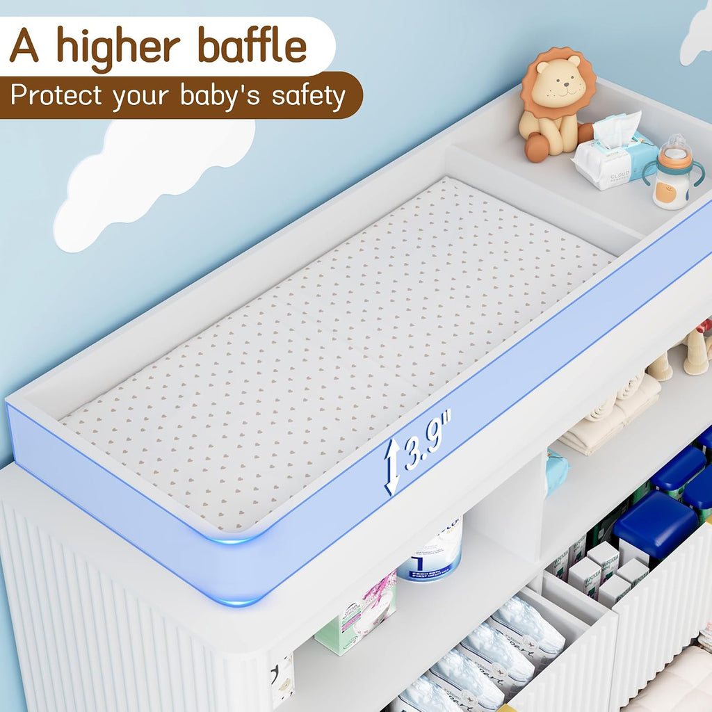 Nursery Dresser, 4 Large Drawers Wood Baby Changing Dresser with Raised and Detachable Changing Table Top, Fluted