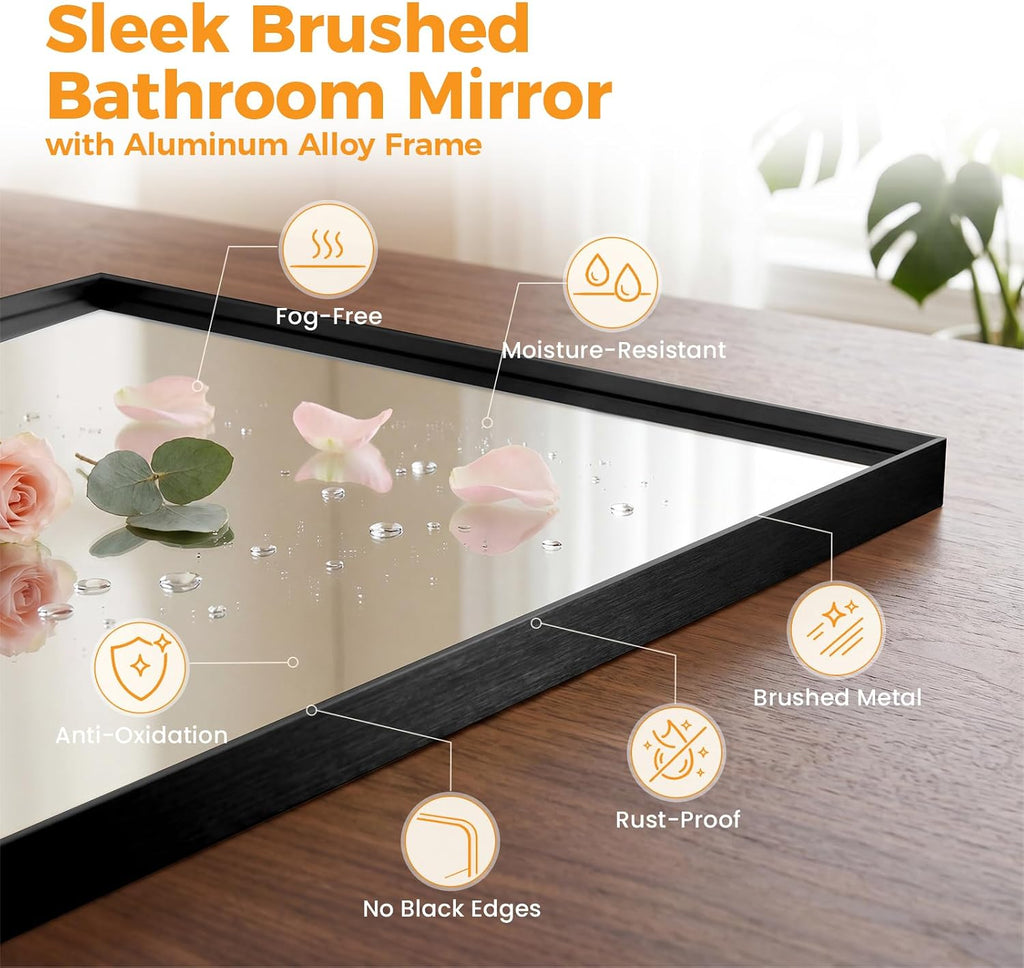 24x40 Wall Mirror, Bathroom Mirrors for Over Sink, Black, Matte Metal Framed Vanity Mirror with Tempered Glass