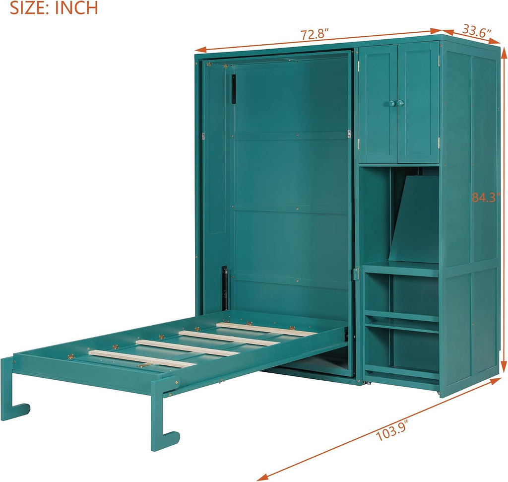 Twin Rotating Wall Murphy Beds, Wood Folding Murphy Wall Bed with Bookshelf, Top Cabinet, Extendable Desk & Side