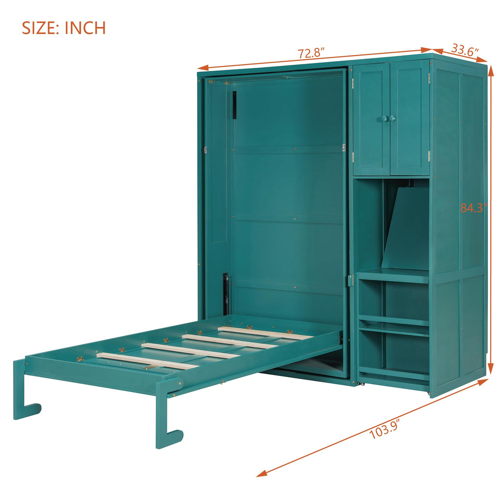 Twin Size Murphy Bed, Rotating Wall Murphy Beds with Bookshelf, Top Cabinet, Extendable Desk, Teal