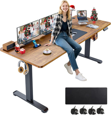 Electric Standing Desk Adjustable Height, 71 x 28 Inch Sit Stand up Desk with Large Mouse Pad, Double Metal Hook,4
