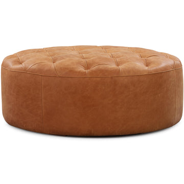 Ascot Ottoman - 40" Round Pouf with Feather-Down Topper - Full-Grain Leather Upholstered Pouf Ottoman - Vintage