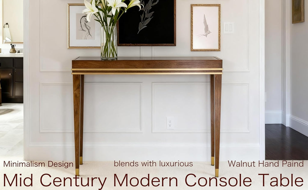 Modern Console Table - Narrow Hallway Table with Golden Accents, Walnut Veneer Hand-Finished - 11.75 Inch Deep Slim