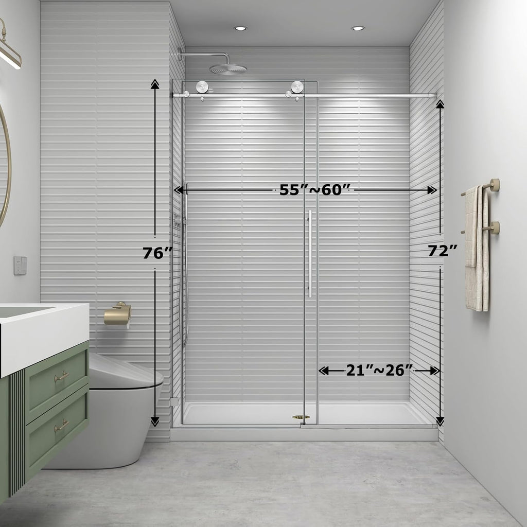 55"- 60" W x 76" H Soft Closing Sliding Frameless Shower Doors, Nano Explosion-Proof Film Shower Glass Door