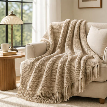 Chunky Throw Blanket with Fringe, Oatmeal Knit Sofa Accent, 50" x 67.7"