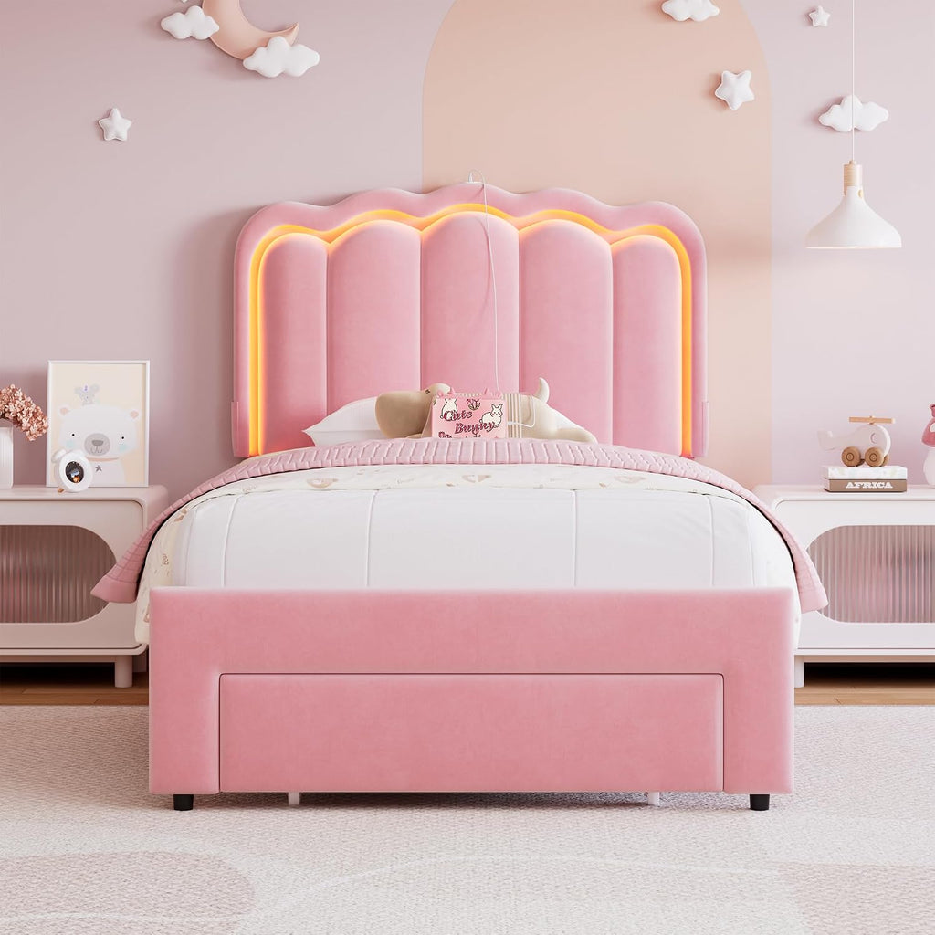 Twin Upholstered LED Bed Frame with Storage Drawer and Adjustable Chic Double Wavy Headboard, Velvet Princess