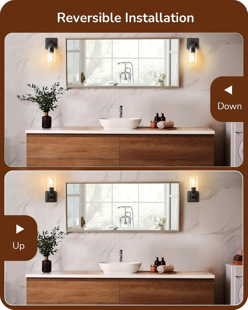 Wall Sconces Set of 2, Farmhouse Vanity Light Fixtures with Clear Glass Shade & Dark Brown Wood Grain Paint, 1-Light