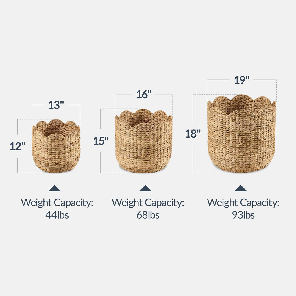 3pc Water Hyacinth Scalloped Multipurpose Nesting Baskets, Storage Bin Organization Totes, Laundry Room - Natural