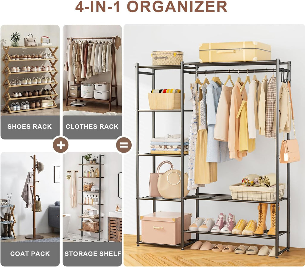 Closet Wardrobe, Closet Organizers and Storage System, Metal Clothes Rack | All in one, With 4 Tiers Shelves
